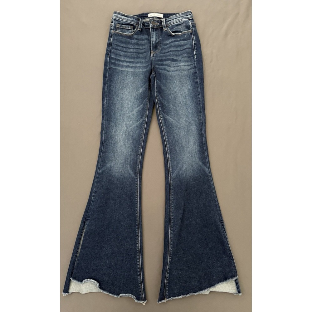 Flying Monkey Super Flare Jeans Womens Size 26 Dark Wash Raw Hem Stretch